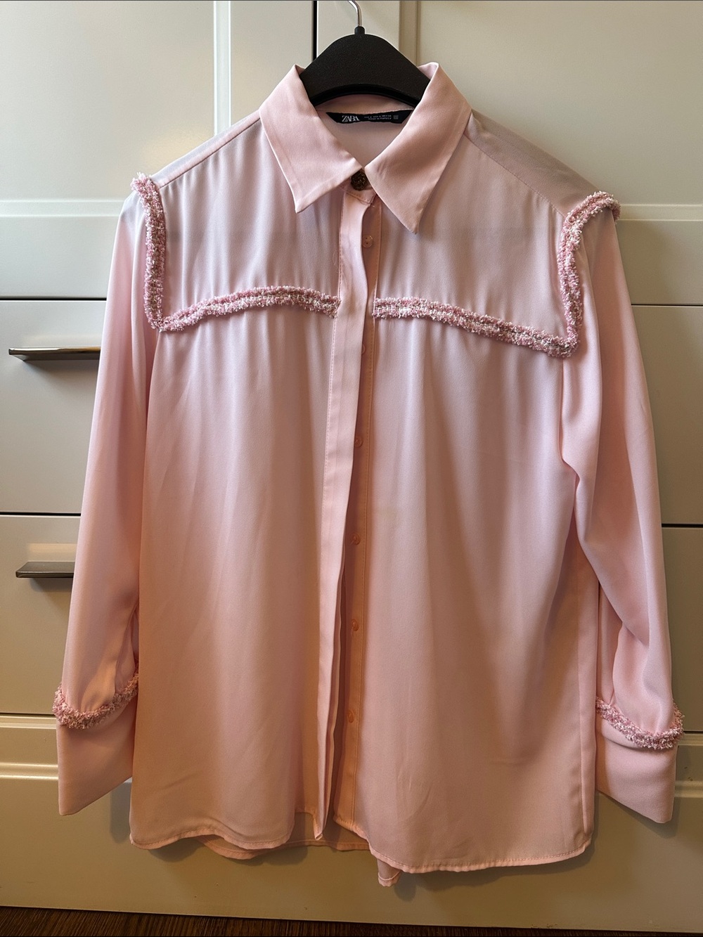 Zara Pale Pink Button-Up Blouse with Fringed Trim
